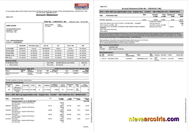 India HDFC Bank account statement Word and PDF, 2 pages